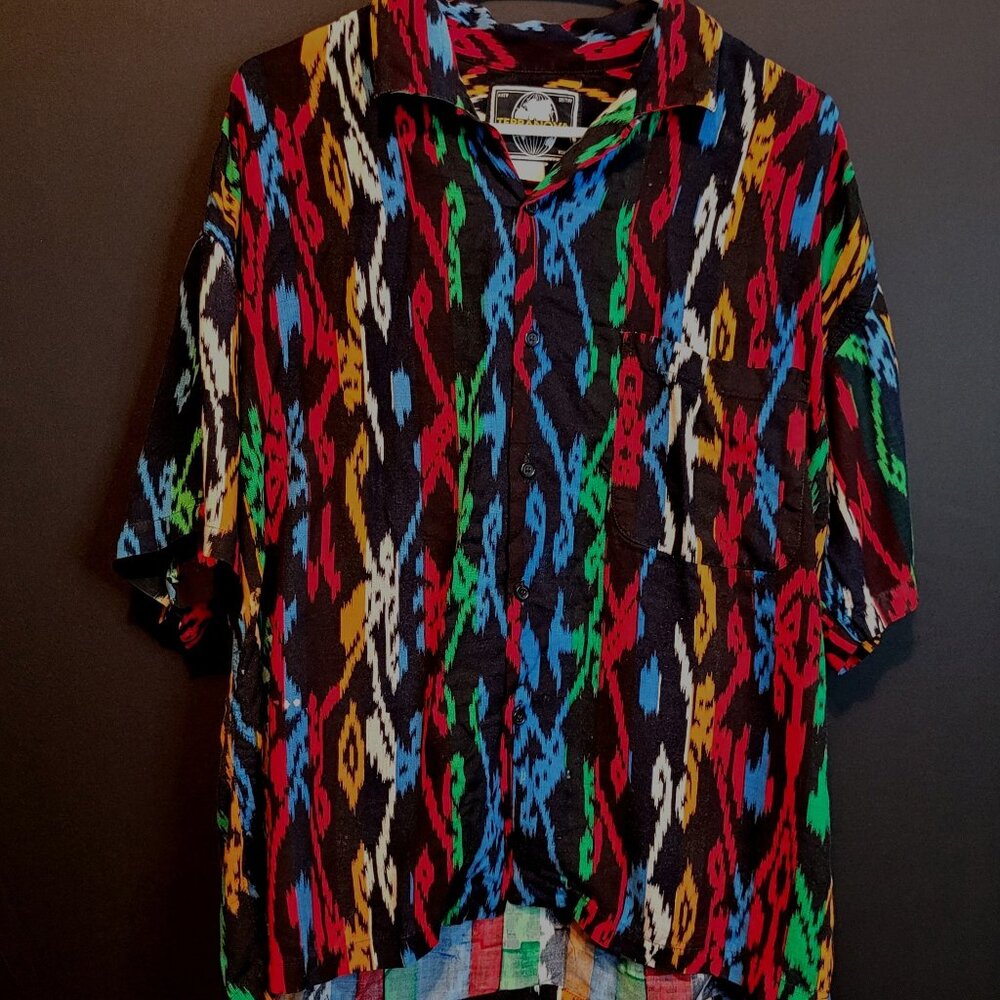 Vintage Button Up Shirt Tribal Print Terranova Large Primary Colors Flaws